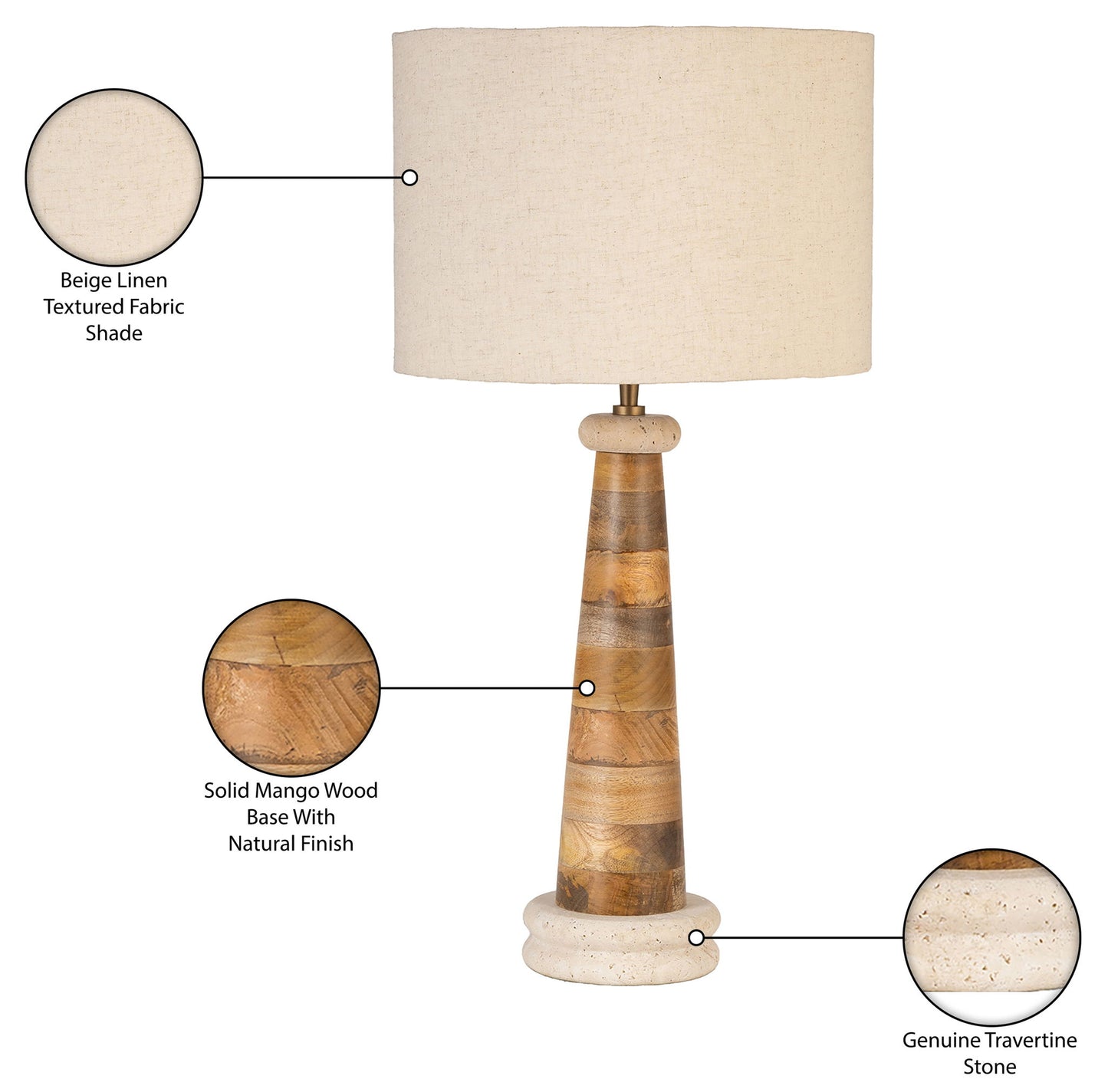 Palea - Mango Wood Base And Linen Textured Fabric Shade Table Lamp - Travertine / Natural