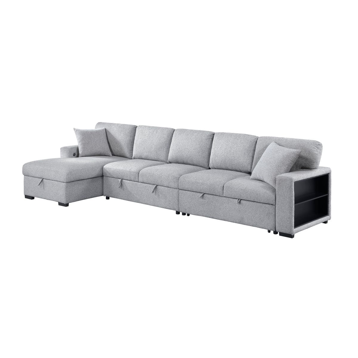 Pompano Sectional with Left Chaise, Pull-out Bed Hidden Storages and Shelves, Charging Ports