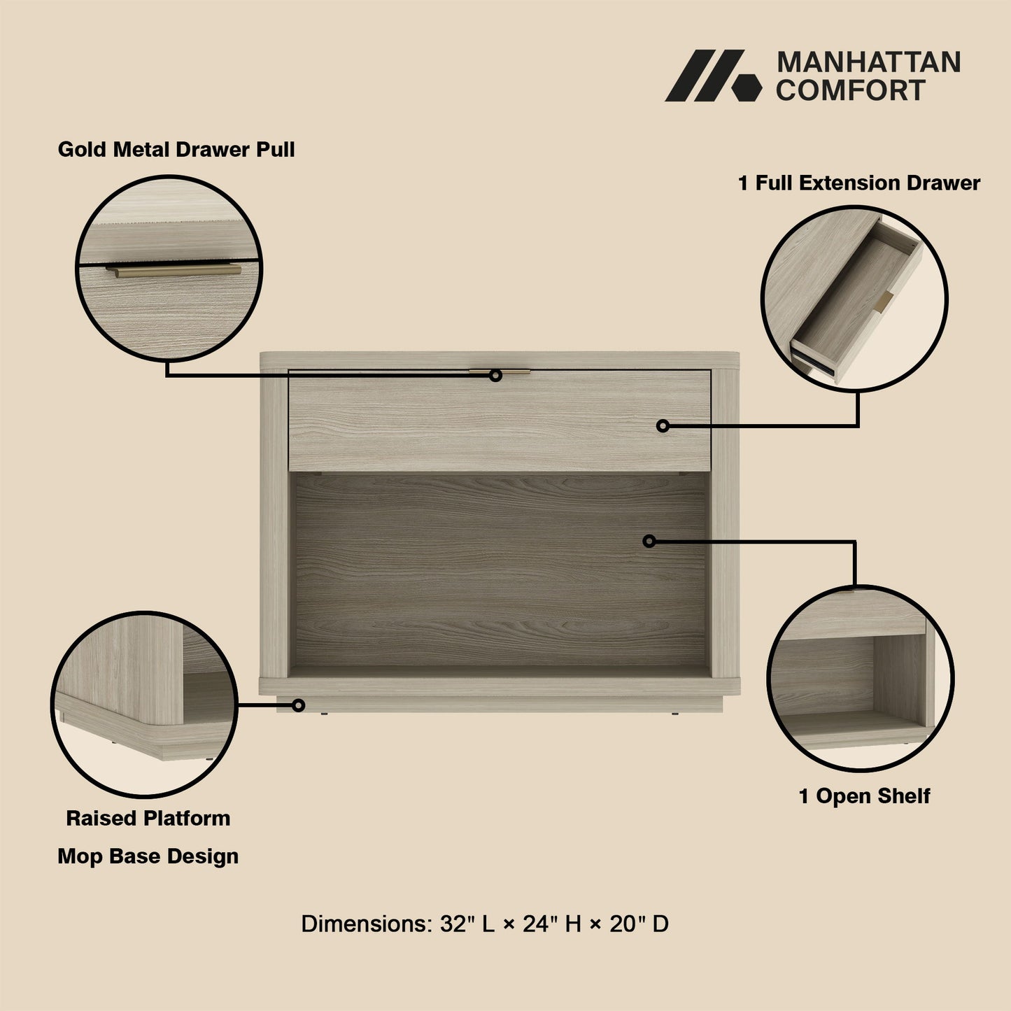 Manhattan Evelyn - 1-Drawer Nightstand