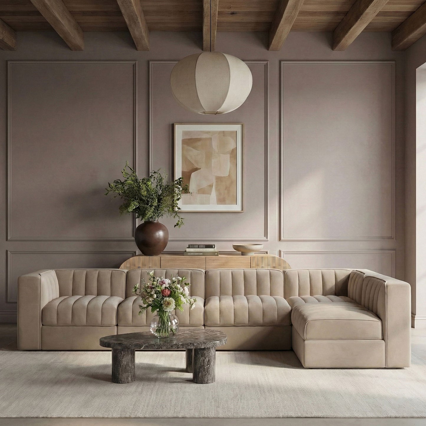 Rummi - Velvet Performance Fabric Upholstered 5 Piece Modular Sectional, L-Shaped (Right)