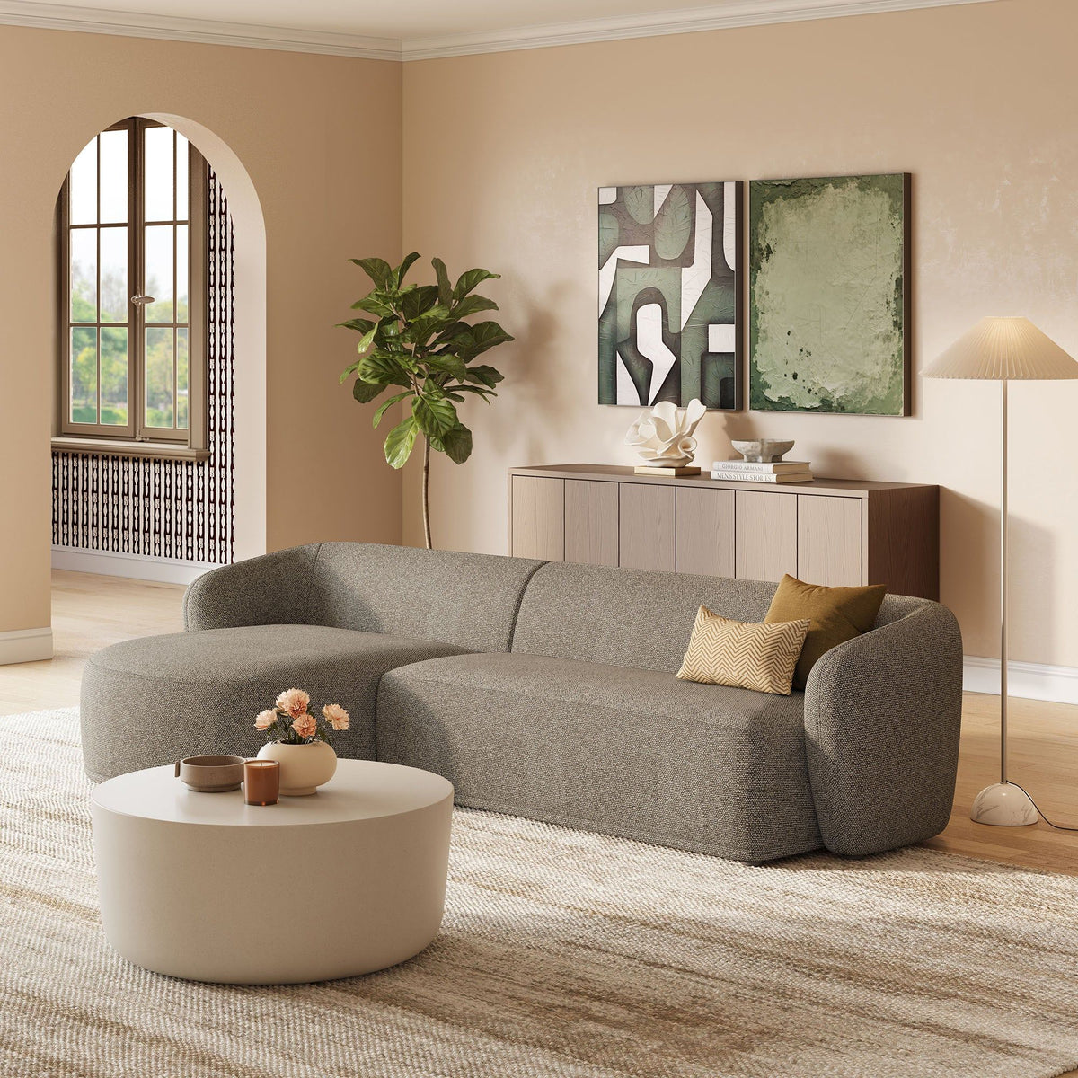 Monica 2 Piece Left Facing Boucle Fabric Modular Sofa with Chaise - Earth