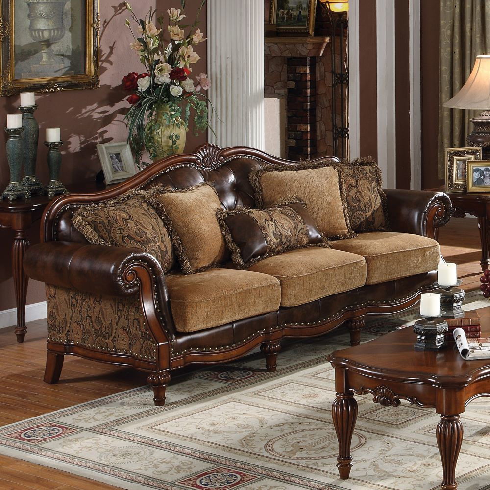 Dreena - Sofa With 5 Pillows - Two Tone Brown Synthetic Leather & Chenille Cherry