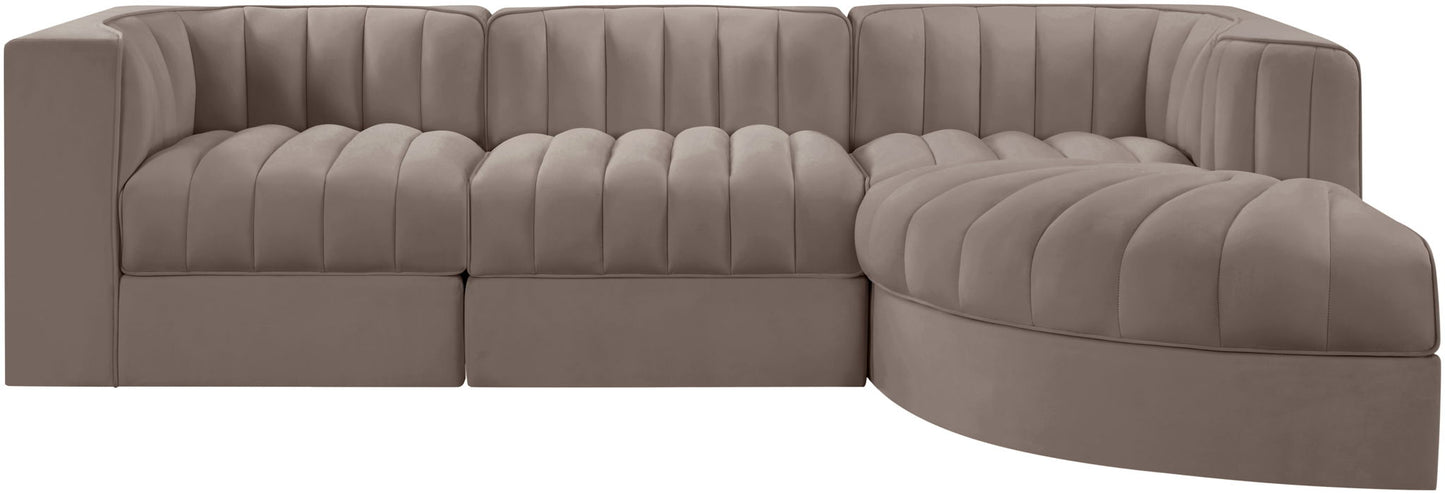Rummi - Velvet Performance Fabric Upholstered 4 Piece Modular Sectional, With Reverse Corner Chair
