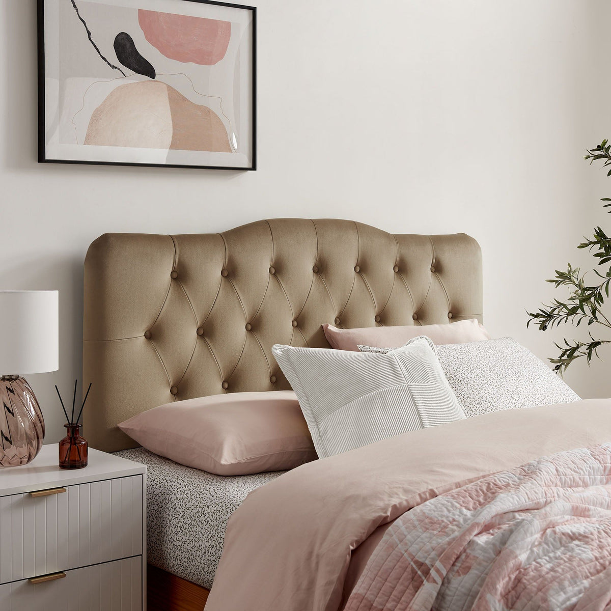 Annabel Diamond Tufted Performance Velvet Headboard - Queen, Taupe
