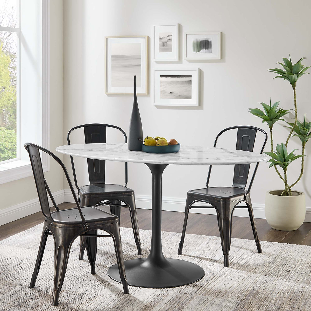Lippa Oval Artificial Marble Dining Table - 54", Black White