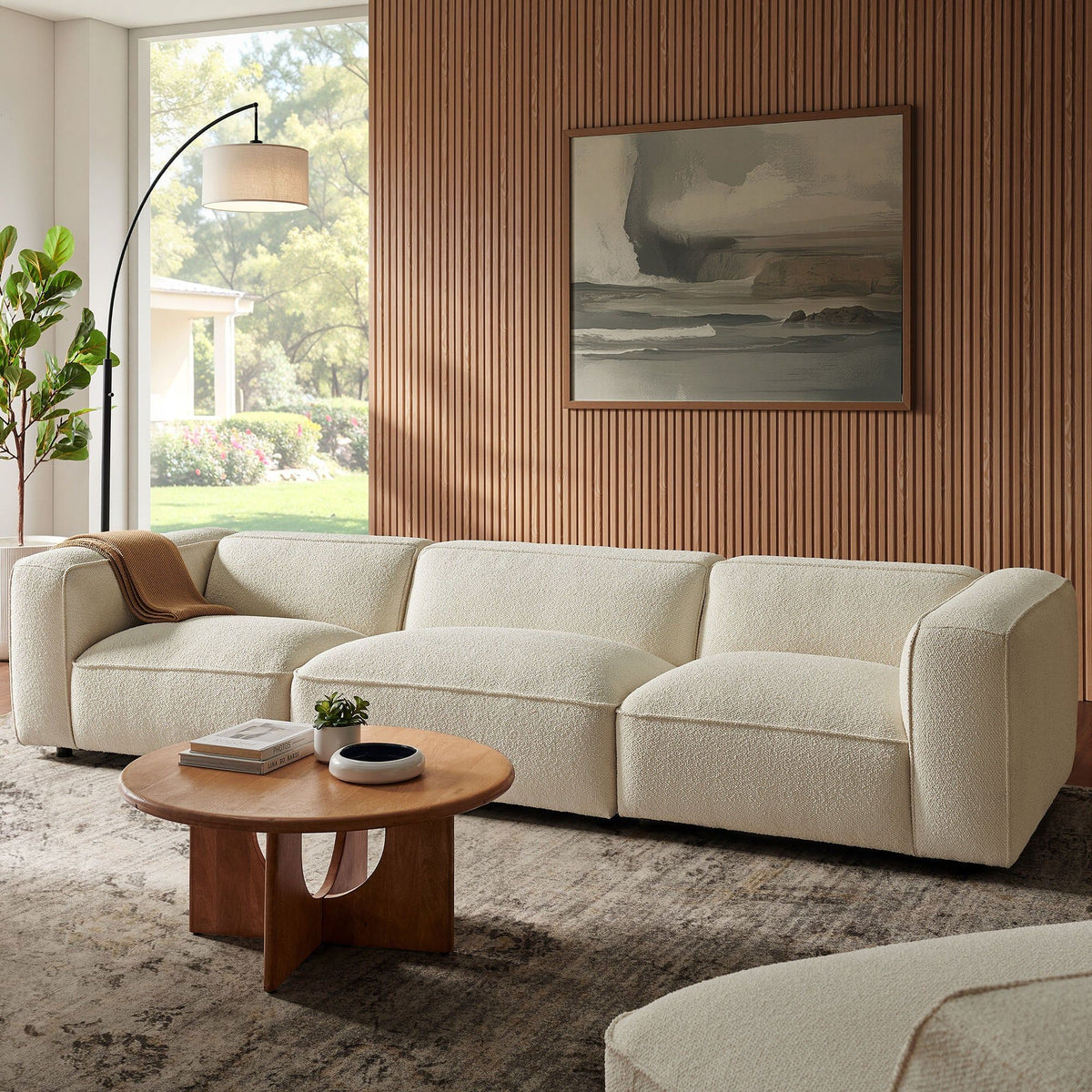 Auren 3 Piece Lattice Boucle Upholstered Modular Sofa - Cream