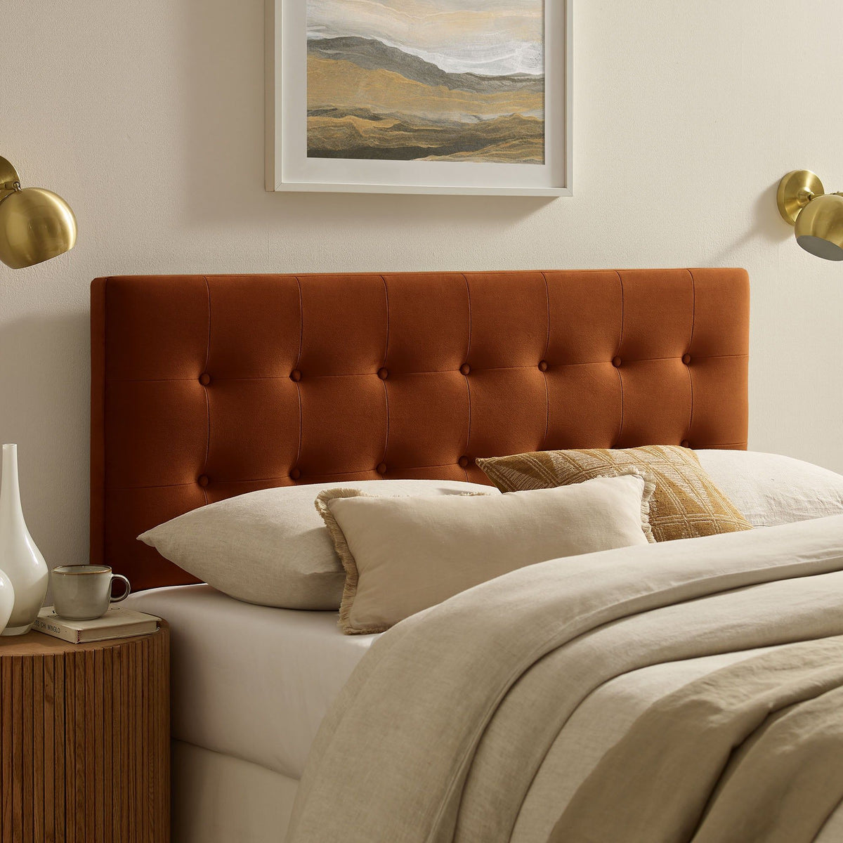 Emily Biscuit Tufted Performance Velvet Headboard - Queen, Rust