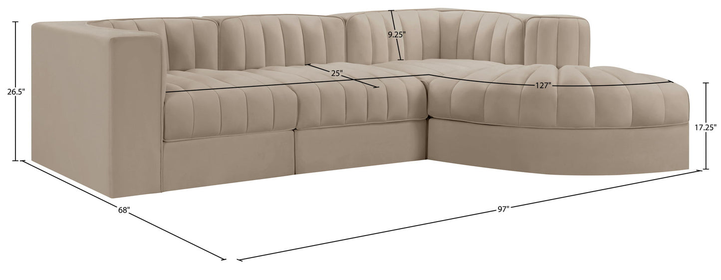 Rummi - Velvet Performance Fabric Upholstered 4 Piece Modular Sectional, With Reverse Corner Chair