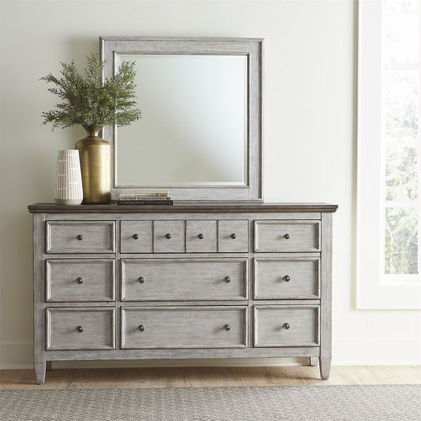 Heartland - Dresser & Mirror - Antique White / Tobacco Tops