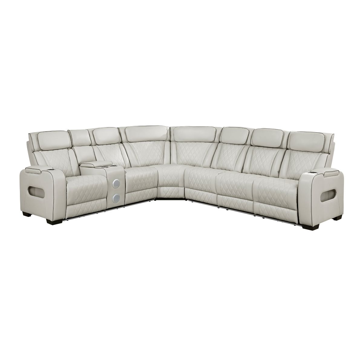 Fairway 3-Piece Power Reclining Sectional with Left Side Console, Drop-Down Cup Holders, Power Headrests, Storage Arms(Top and Side), Cup holders, Reading Lights, Charging Ports, Wireless speakers, Two Wireless Chargers, and LED lighting