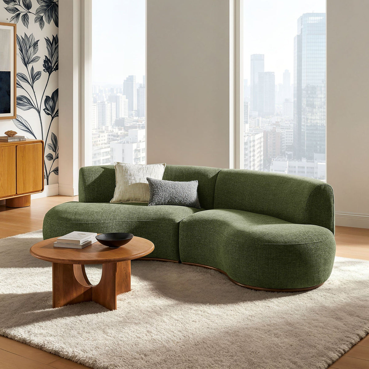 Rialta 2 Piece Curved Slub Weave Fabric Sectional Sofa - Foliage