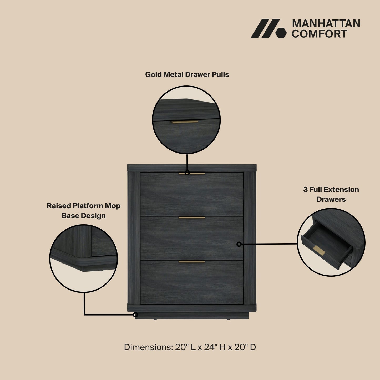 Manhattan Evelyn - 3-Drawer Nightstand