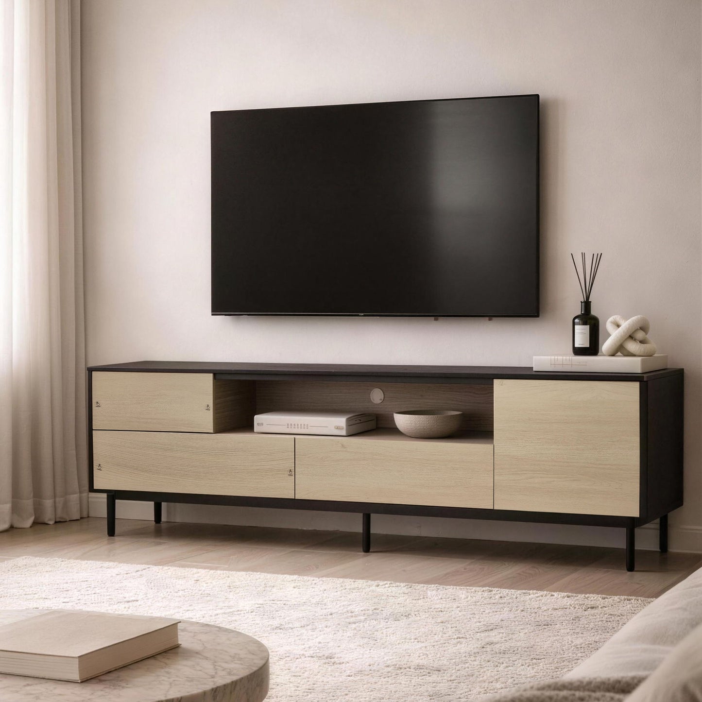Arvon - 71" TV Stand With Metal Legs - Black and Natural