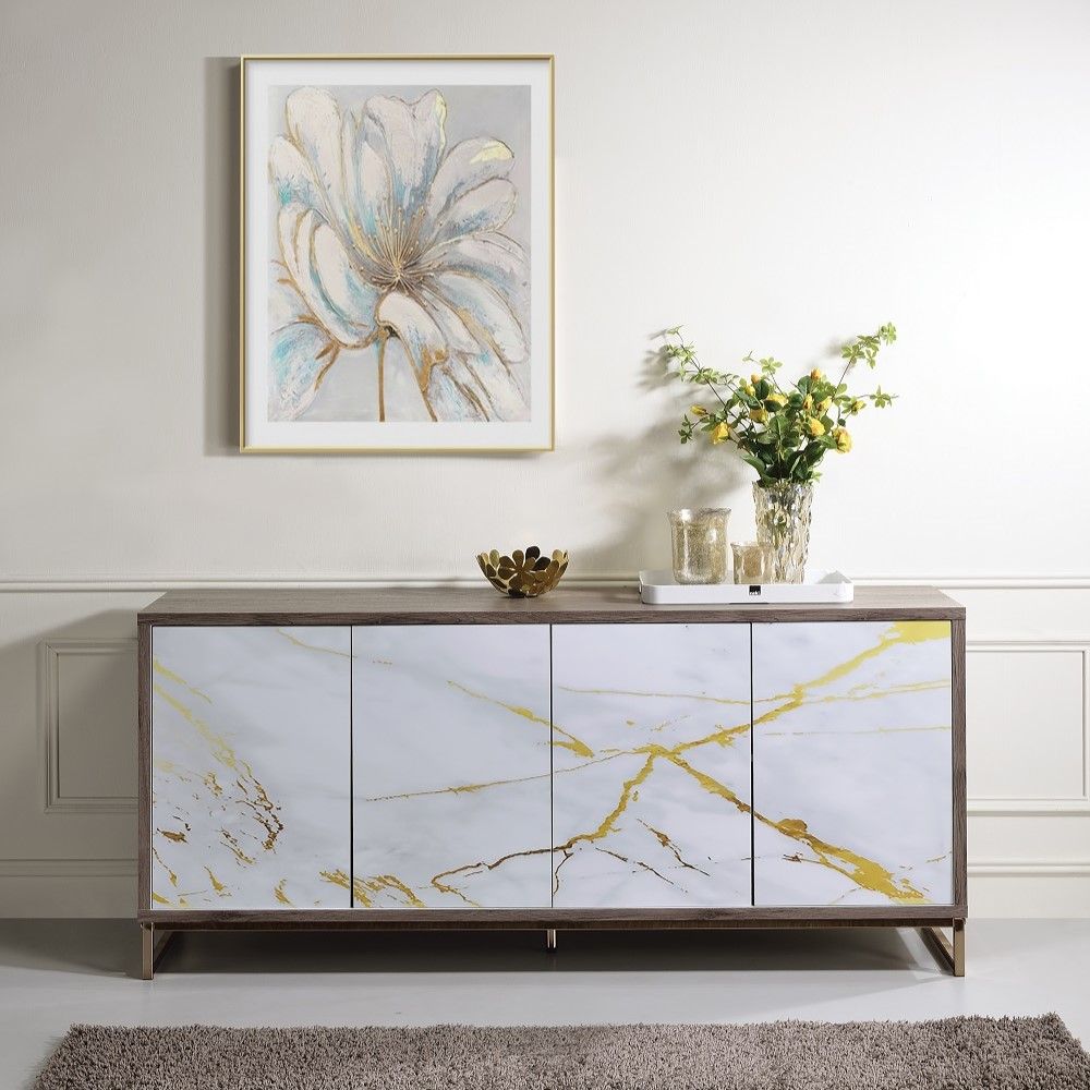 Paavan - Console Cabinet - White Marble Print Oak & Champagne