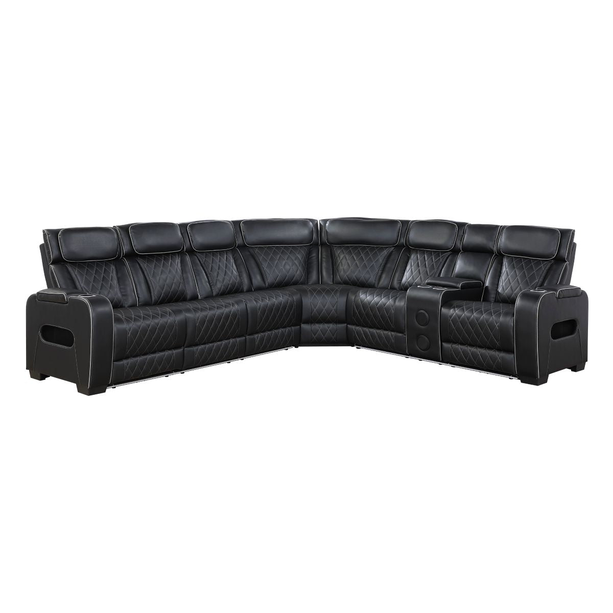 Fairway 3-Piece Power Reclining Sectional with Right Side Console, Drop-Down Cup Holders, Power Headrests, Storage Arms(Top and Side), Cup holders, Reading Lights, Charging Ports, Wireless speakers, Two Wireless Chargers, and LED lighting