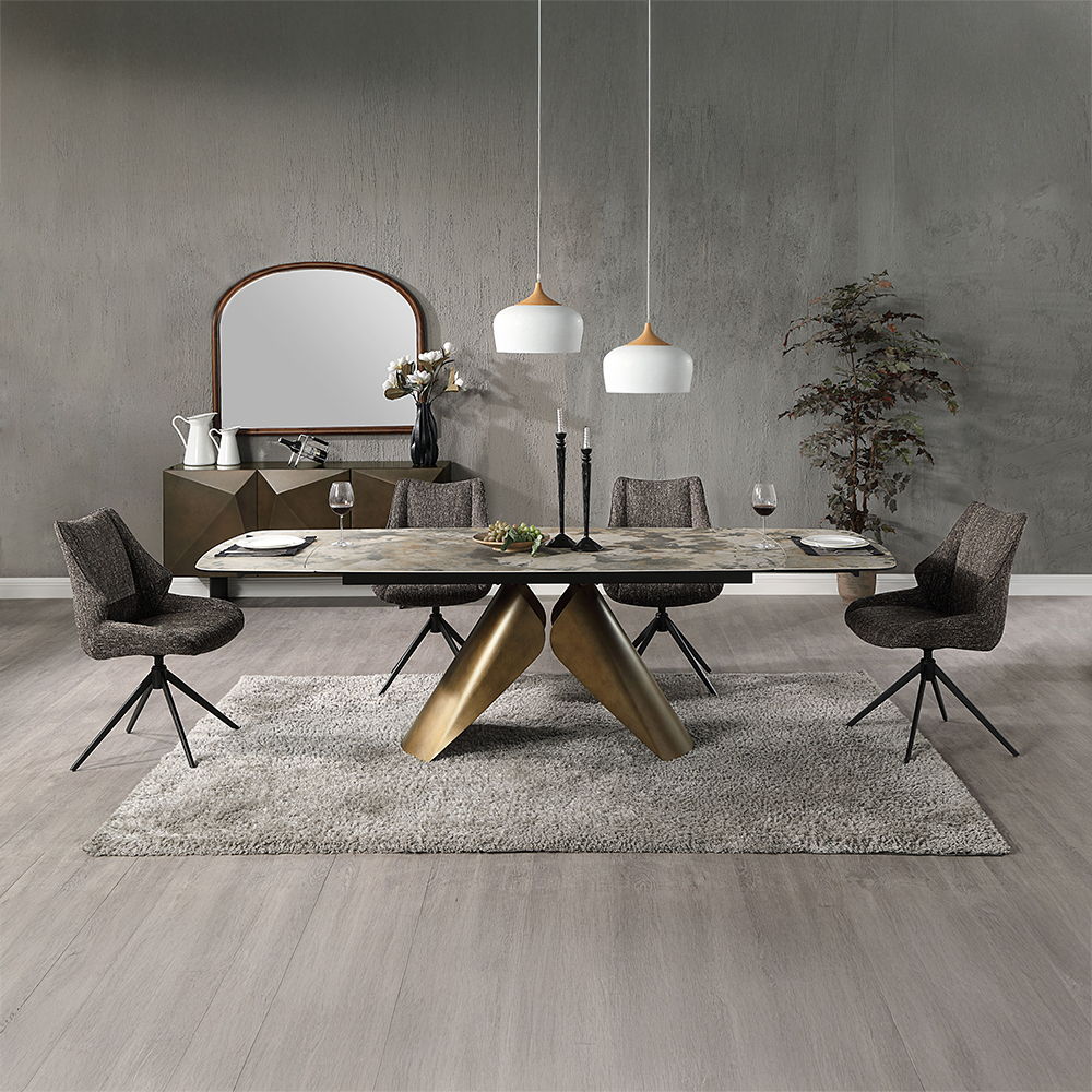 Malika - Ceramic Top Dining Table - Gray & Copper Cross Brushed