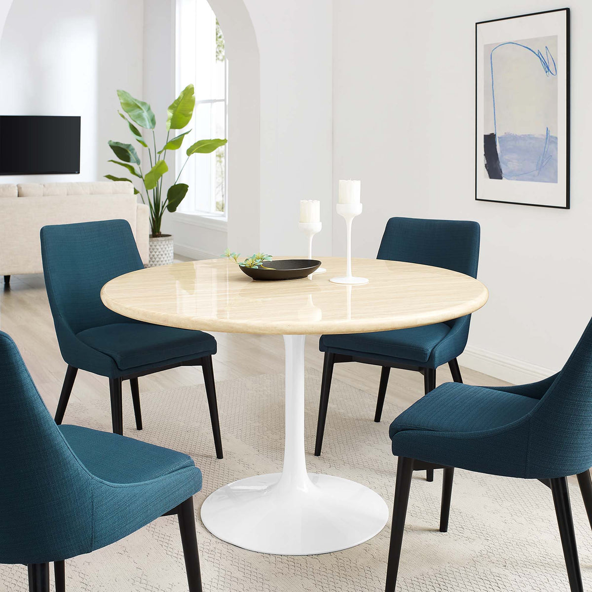 Lippa Round 48" Dining Table - Faux Travertine, White Travertine