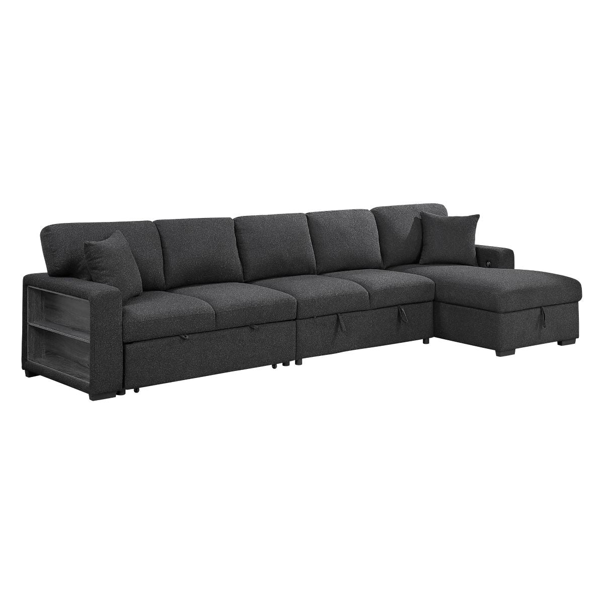 Pompano Sectional with Right Chaise, Pull-out Bed, Hidden Storages and Shelves, Charging Ports