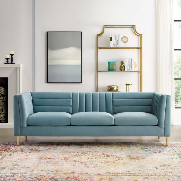 Ingenuity Channel Tufted Performance Velvet Sofa - Light Blue