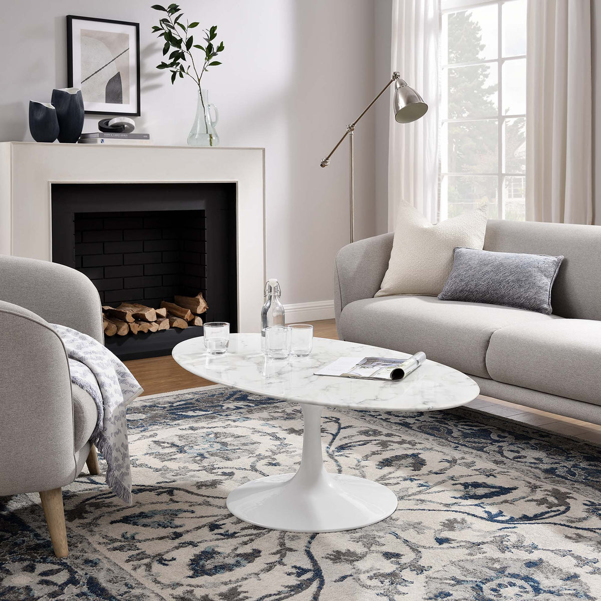 Lippa Oval Artificial Marble Coffee Table - 48", White