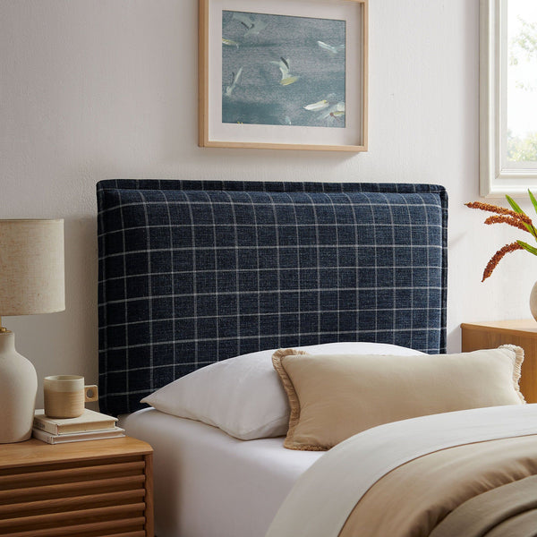Camille Checkered Linen Blend Headboard - Twin, Denim Windowpane Check
