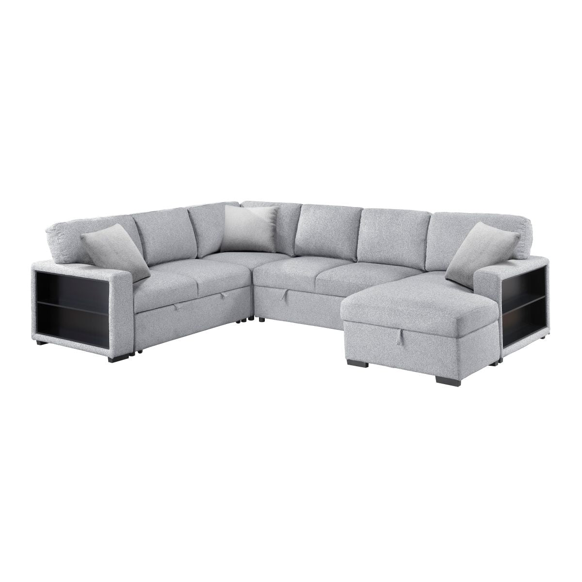 Pompano Sectional with Right Chaise, Pull-out Bed, Hidden Storages and Shelves, Charging Ports