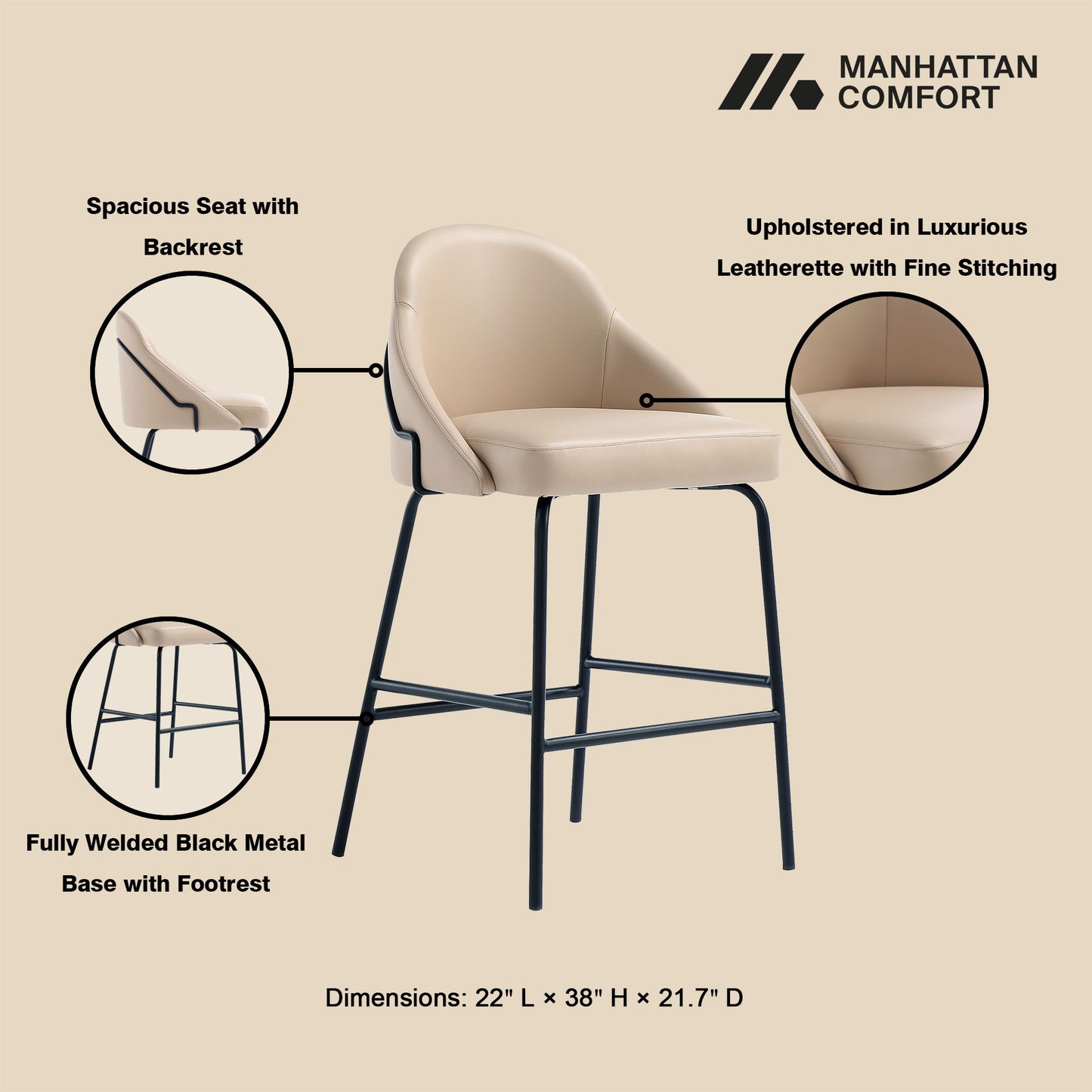 Manhattan Gracie - Counter Stool With Black Base