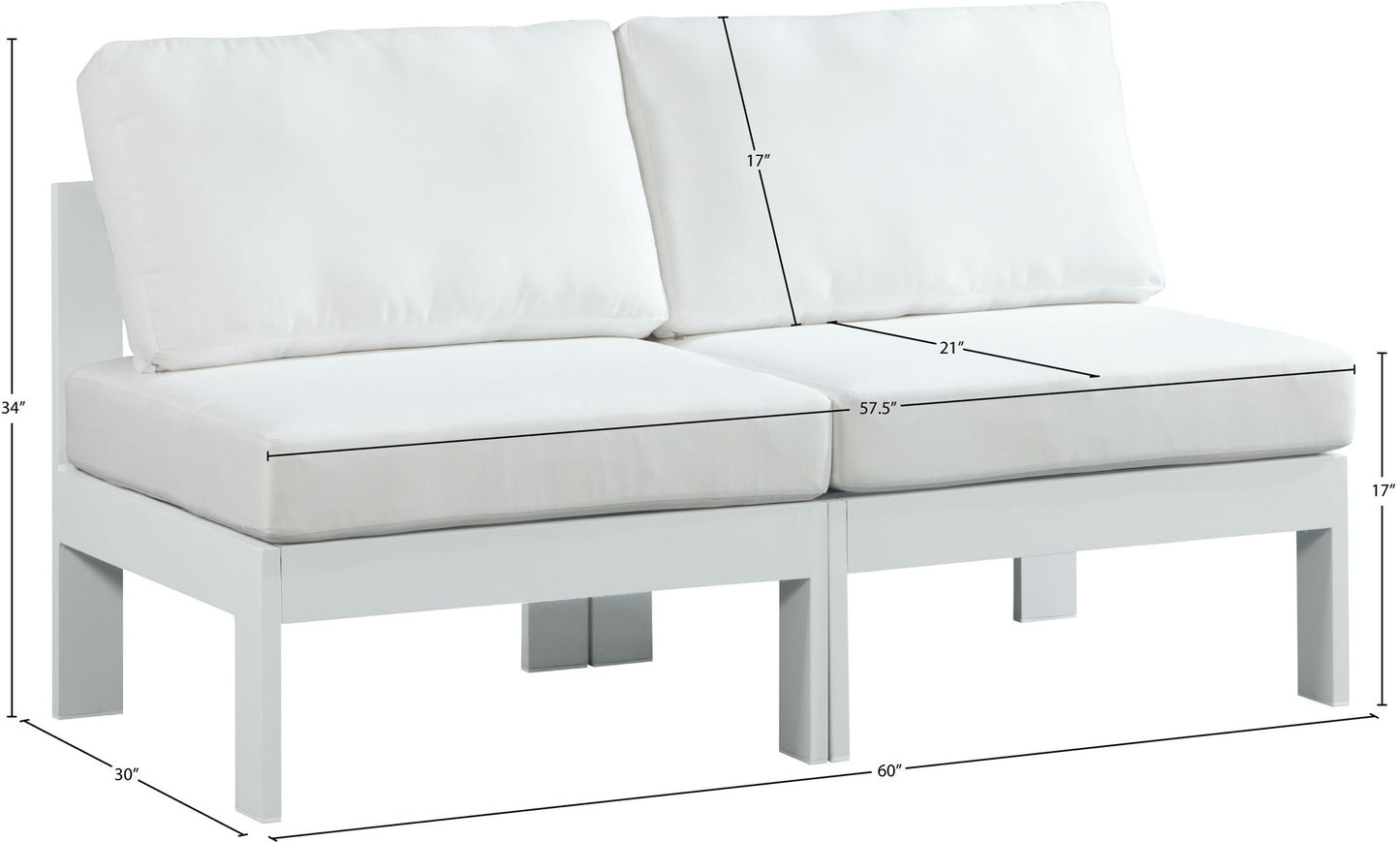 Nizuc - Outdoor Patio 2 Seat Armless Modular Sofa With White Frame