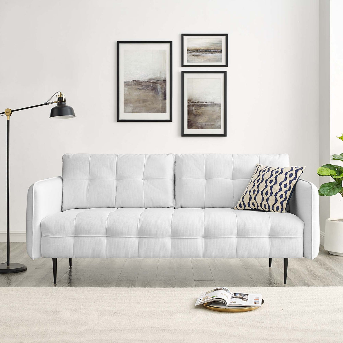 Cameron Tufted Fabric Sofa - White
