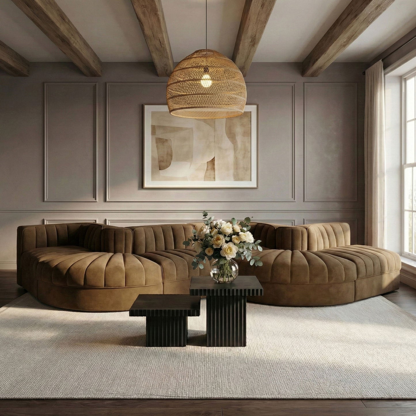 Rummi - Rounded Velvet Performance Fabric Upholstered 6 Piece Modular Sectional