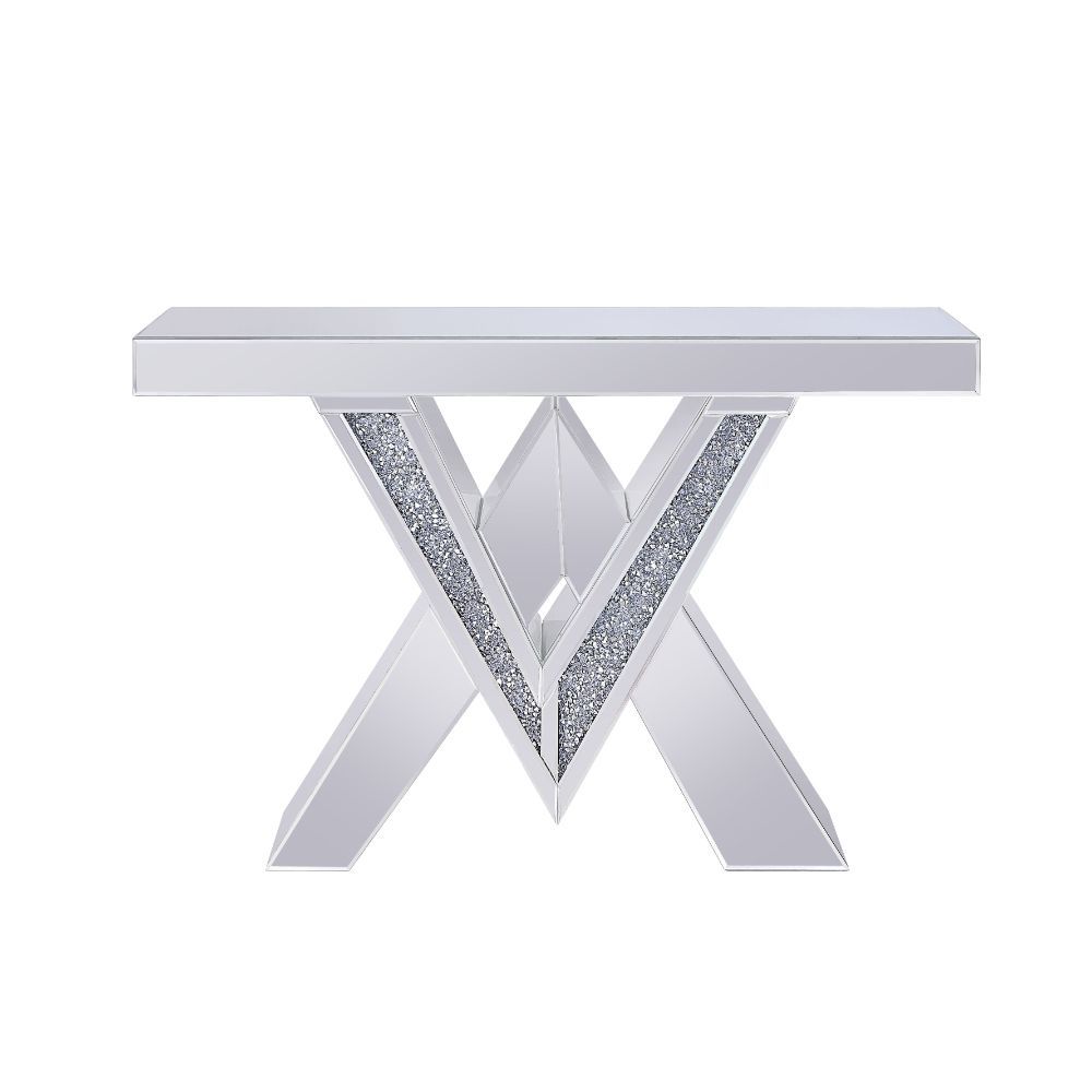 Noralie - Console Table, "V" Shape Pedestal - Mirrored & Faux Diamonds