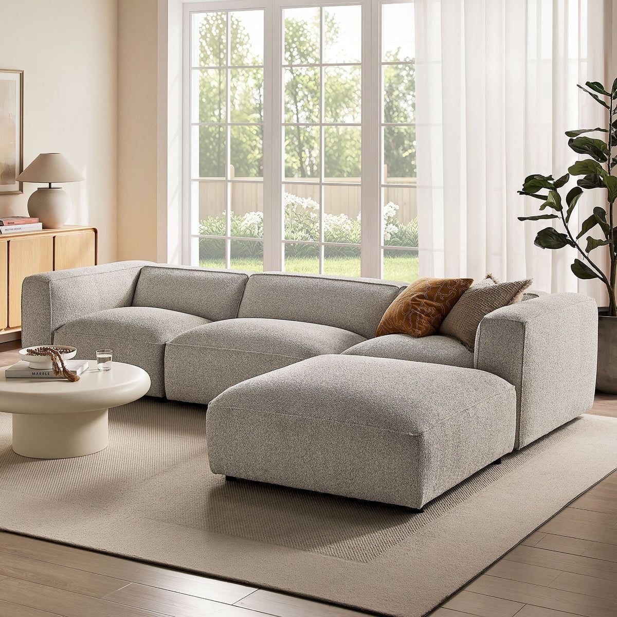 Auren 4-Piece Lattice Boucle Upholstered Modular Sofa with Ottoman - Fog