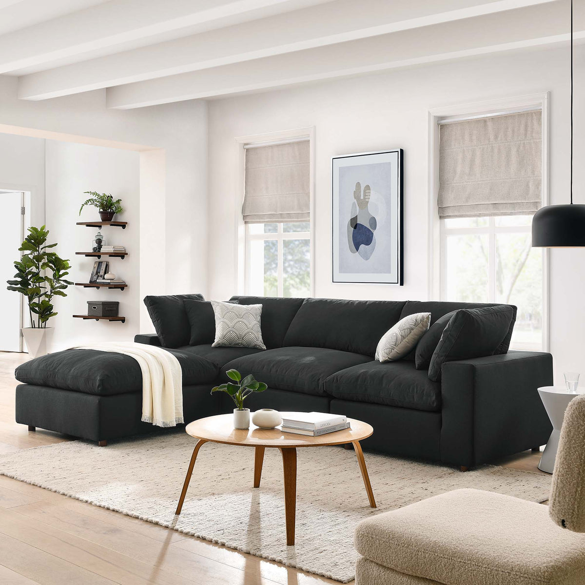 Commix 4 Piece Down Filled Overstuffed Sectional Sofa Set - Black
