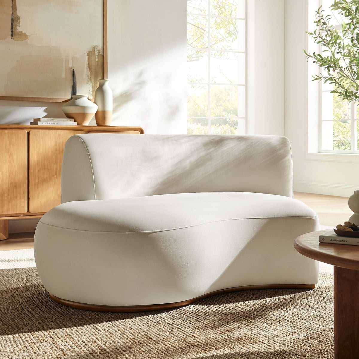Rialta Curved Left-Arm Performance Velvet Sectional Loveseat - Alabaster