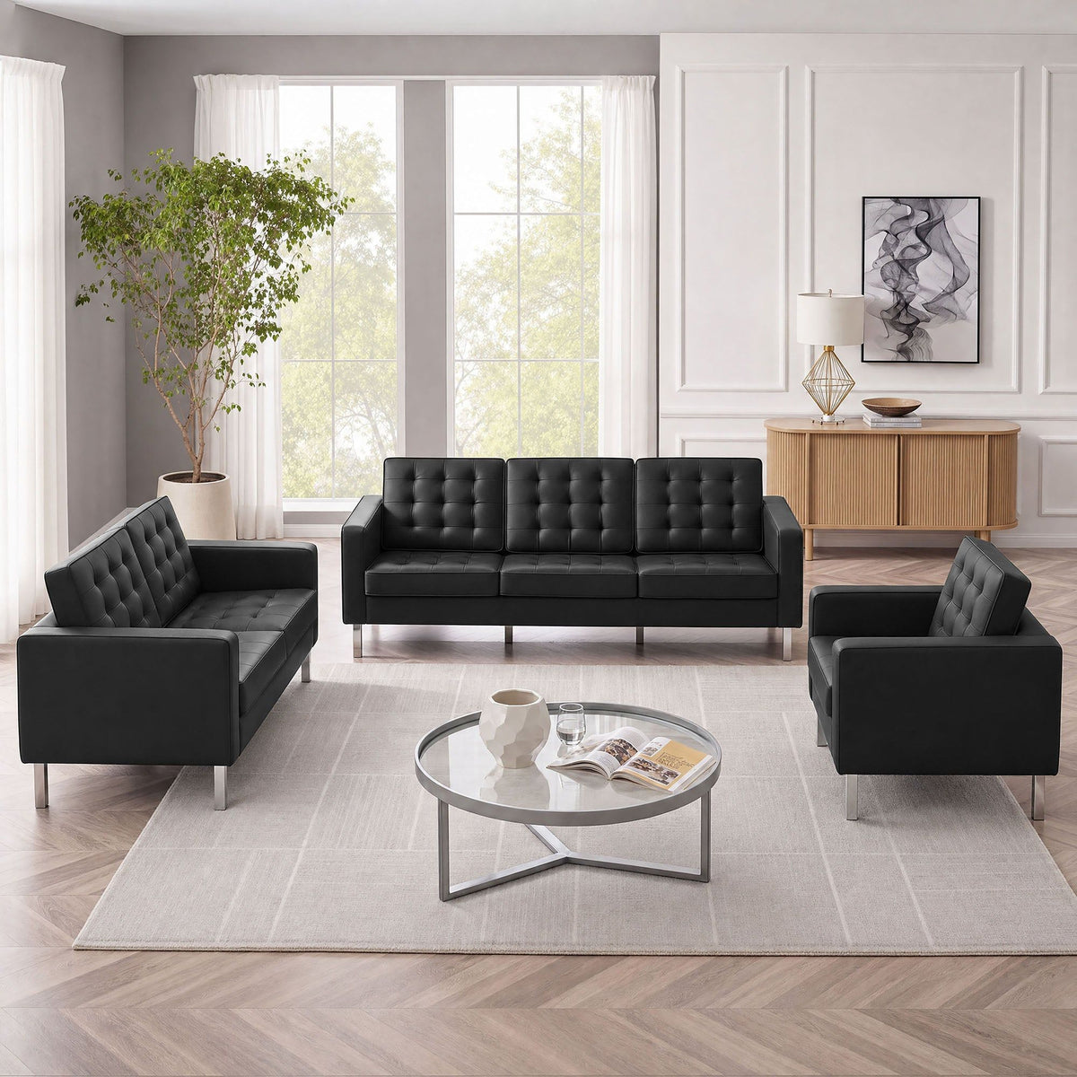 Loft 3 Piece Tufted Upholstered Faux Leather Set - Silver Black