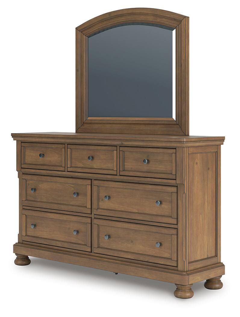 Feddinger - 3 Pc. - Queen Sleigh Storage Bed, Dresser And Mirror - Medium Brown