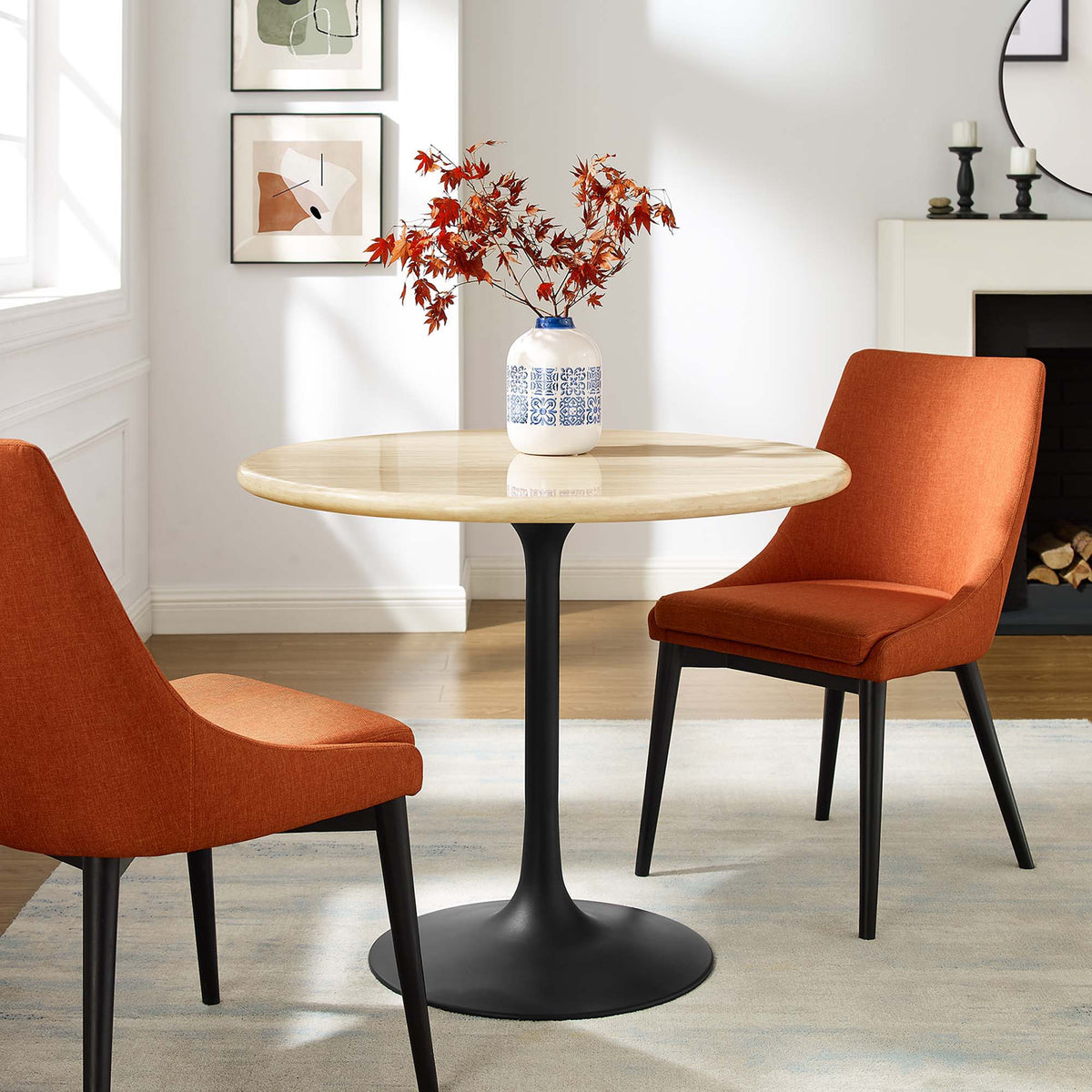 Lippa Round 36" Dining Table - Faux Travertine, Black Travertine