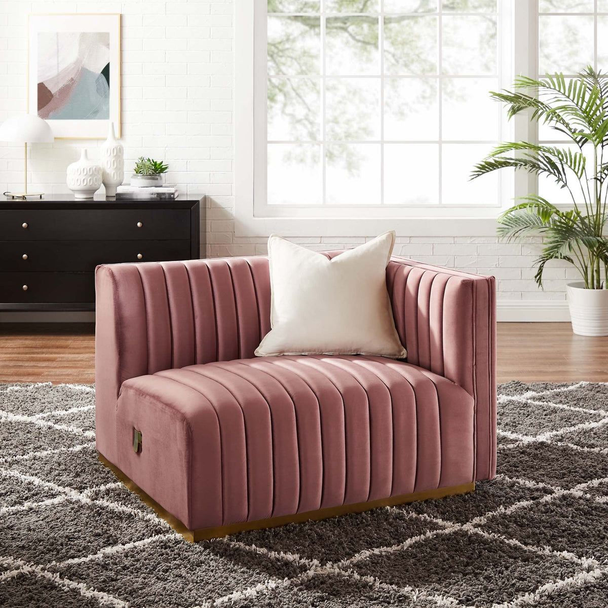Conjure Channel Tufted Performance Velvet Right-Arm Chair - Gold Dusty Rose