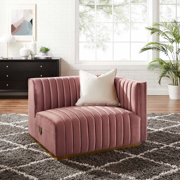Conjure Channel Tufted Performance Velvet Right-Arm Chair - Gold Dusty Rose