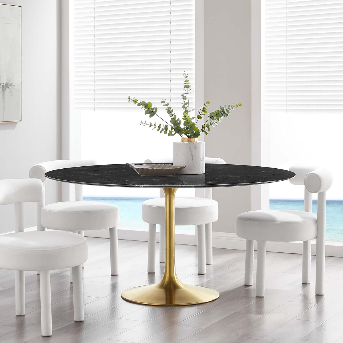 Lippa Round 60" Dining Table - Faux Marble, Gold Black