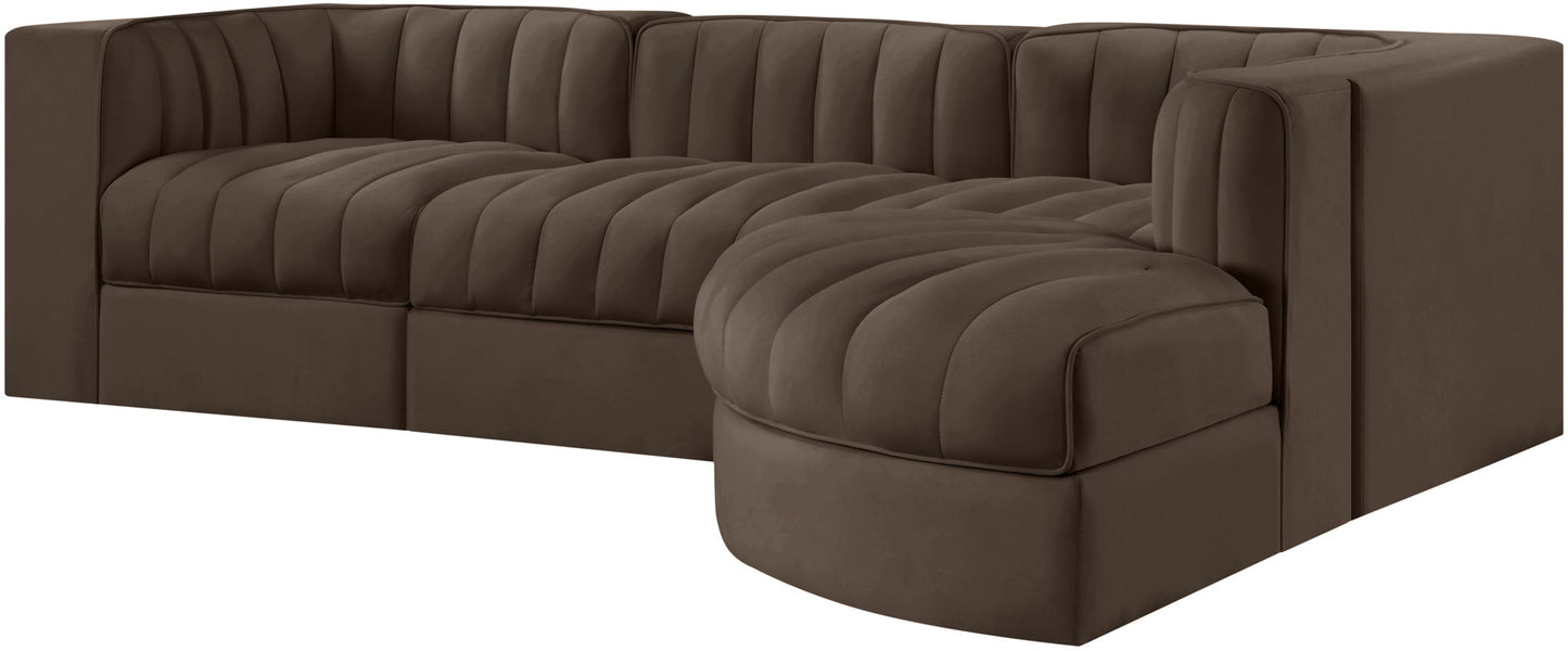 Rummi - Velvet Performance Fabric Upholstered 4 Piece Modular Sectional, With Reverse Corner Chair