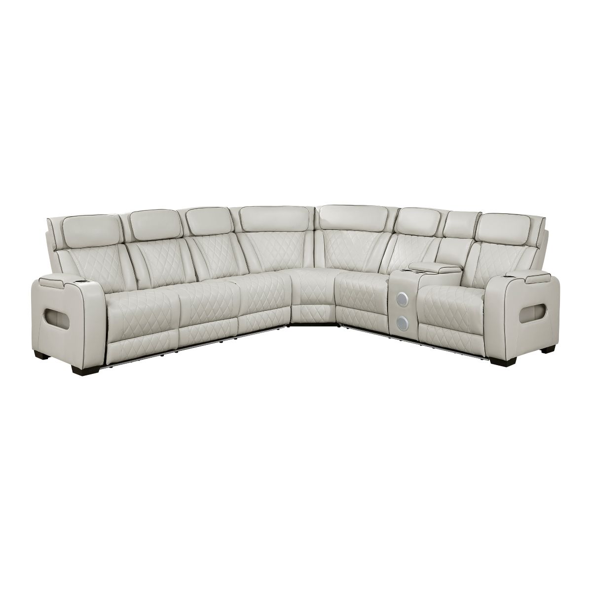Fairway 3-Piece Power Reclining Sectional with Right Side Console, Drop-Down Cup Holders, Power Headrests, Storage Arms(Top and Side), Cup holders, Reading Lights, Charging Ports, Wireless speakers, Two Wireless Chargers, and LED lighting