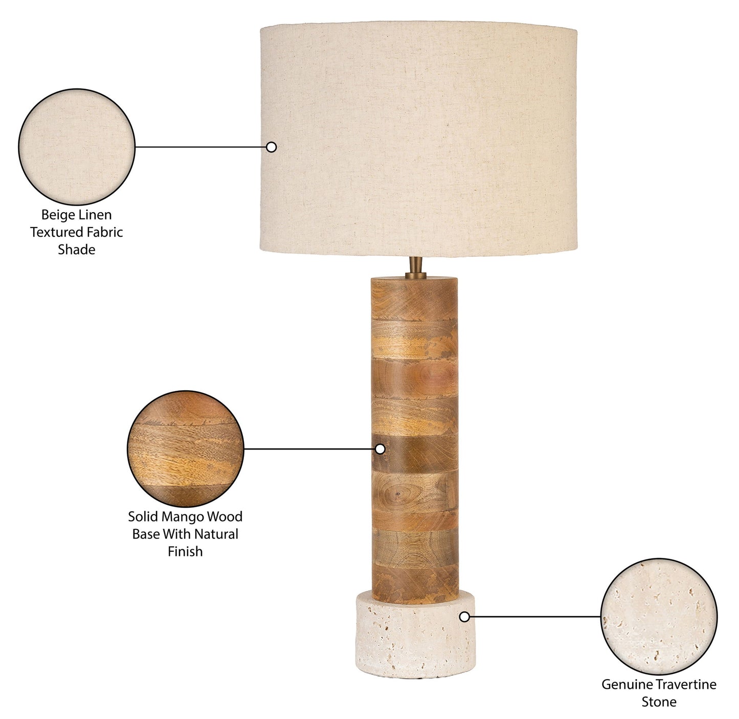 Orenda - Mango Wood Base And Linen Textured Fabric Shade Table Lamp - Travertine / Natural
