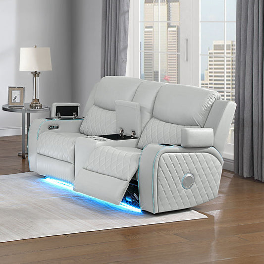 Elonzo - Power Motion Loveseat With Console, LED, Power Headrest & Speaker - Light Gray