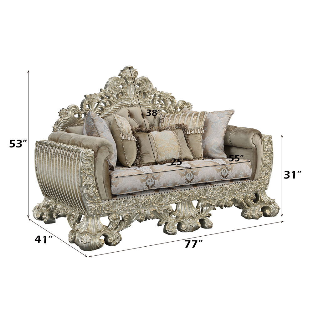 Sorina - Loveseat With 5 Pillows - Velvet, Fabric & Antique Gold