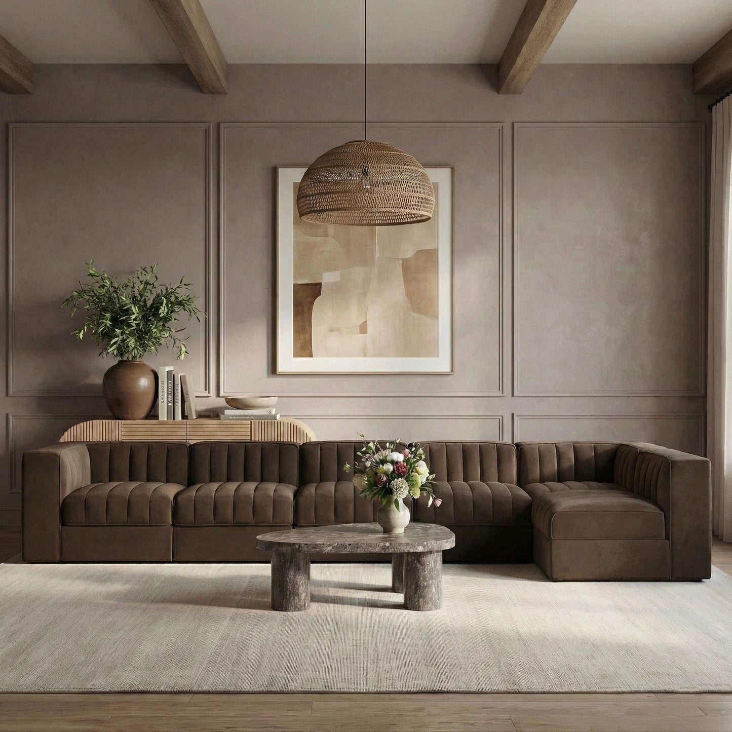 Rummi - Velvet Performance Fabric Upholstered 6 Piece Modular Sectional, L-Shaped (Right)