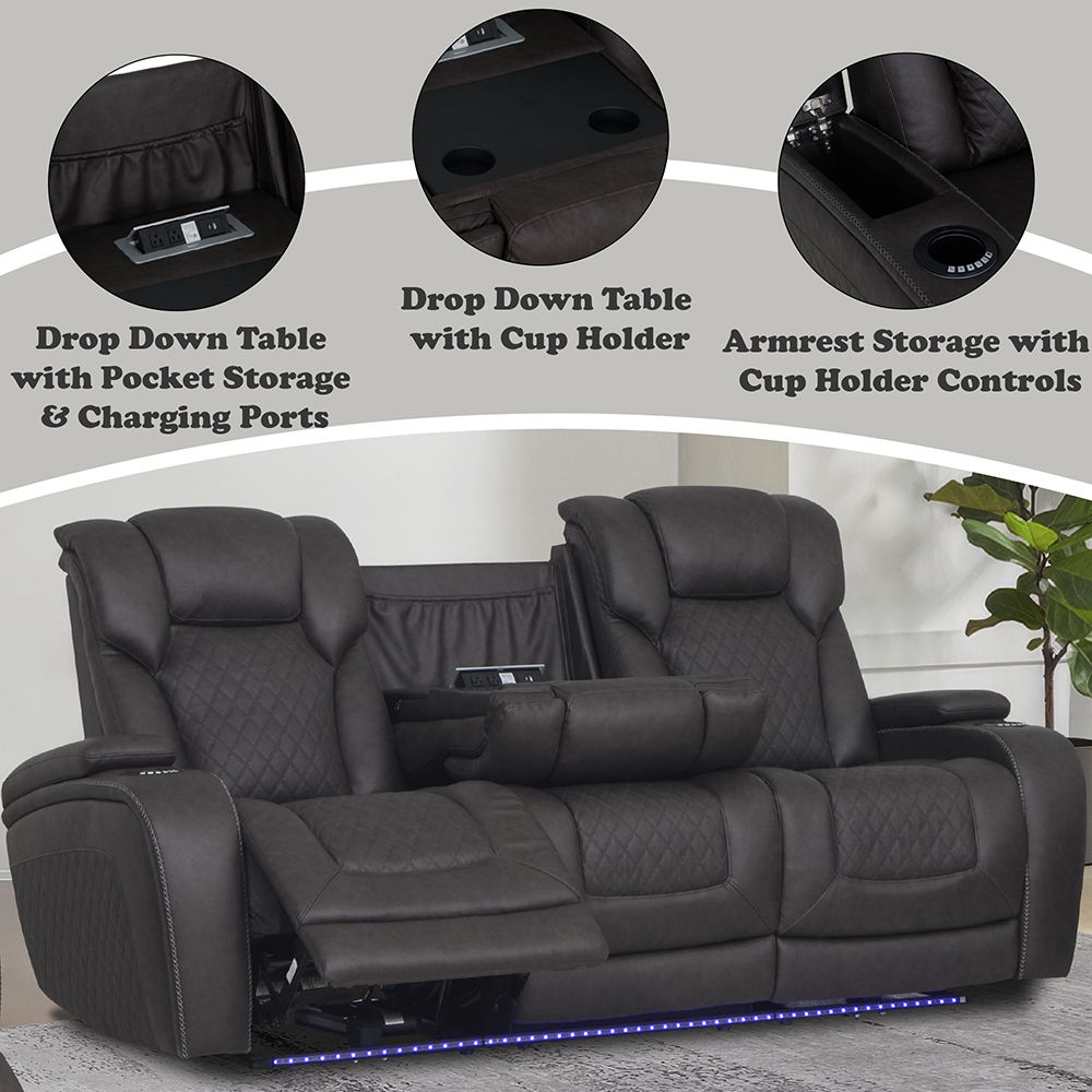 Wendell - Power Motion Sofa With Dropdown Table, Storage, USB & LED - Dark Gray