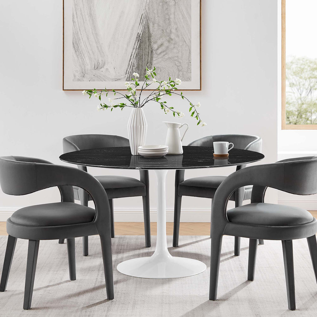 Lippa Round 54" Dining Table - Faux Marble, White Black