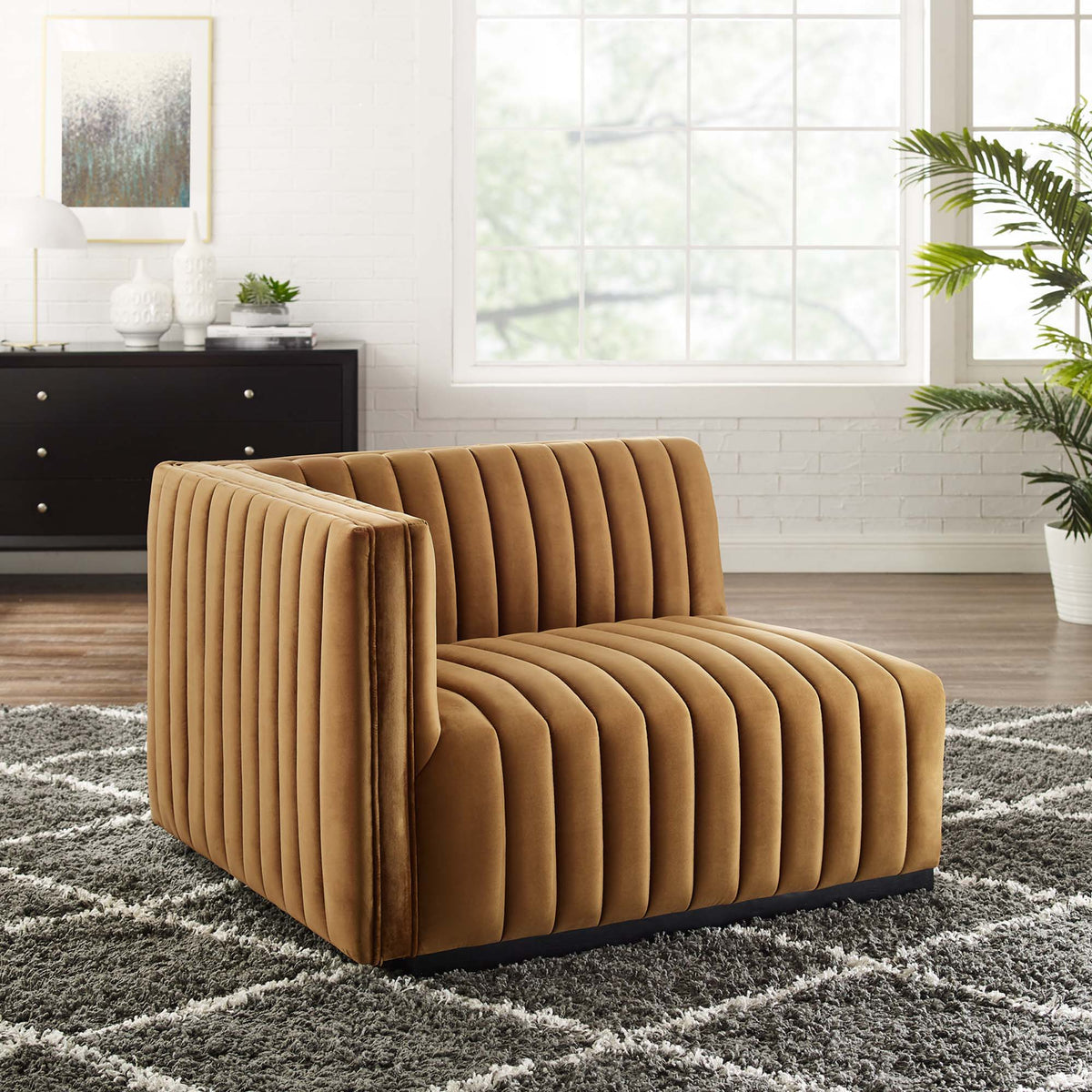 Conjure Channel Tufted Performance Velvet Left-Arm Chair - Black Cognac