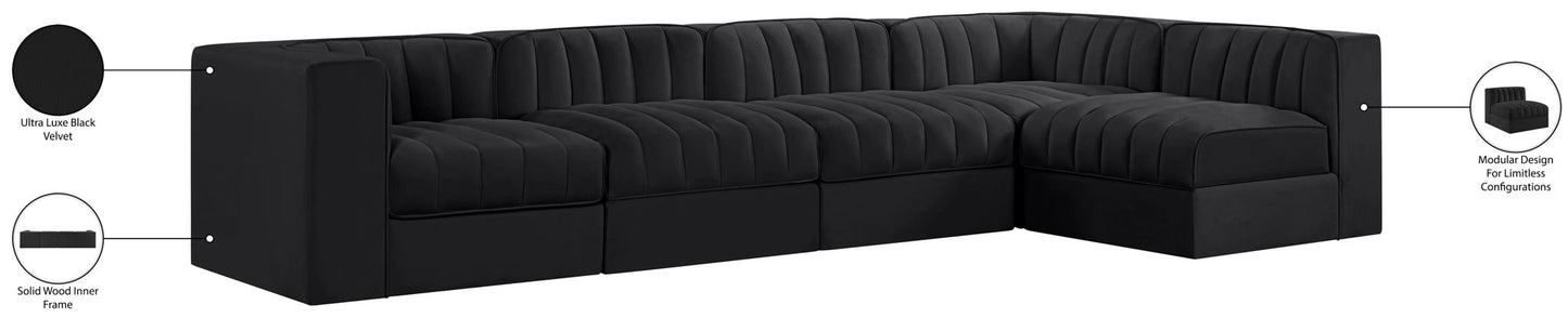 Rummi - Velvet Performance Fabric Upholstered 5 Piece Modular Sectional, L-Shaped (Right)